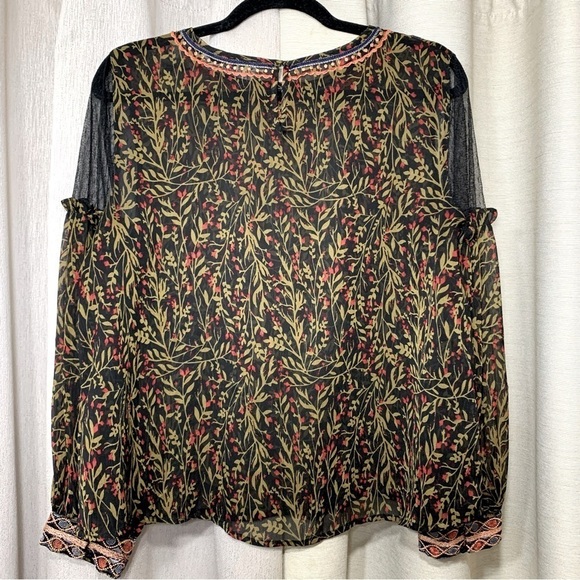 Zara Sheer Embroidered Blouse Top Sz M Black Floral Balloon Sleeve Feminine Boho - Picture 12 of 13